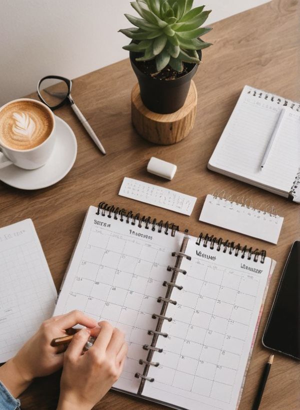 a green working space with laptop, notes, plants, computer